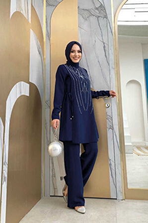 Taş Baskı Desenli Tunik Pantolon Takım 8447 Lacivert