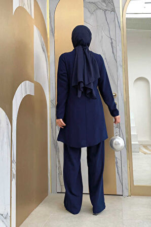 Taş Baskı Desenli Tunik Pantolon Takım 8447 Lacivert