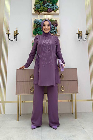 Taş Baskı Desenli Tunik Pantolon Takım 8447 Lila