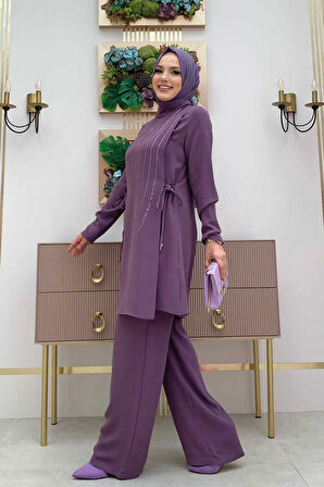 Taş Baskı Desenli Tunik Pantolon Takım 8447 Lila