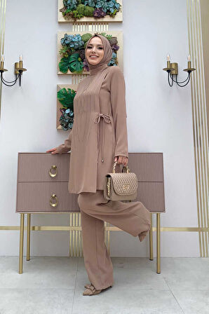 Taş Baskı Desenli Tunik Pantolon Takım 8447 Vizon