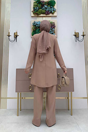 Taş Baskı Desenli Tunik Pantolon Takım 8447 Vizon