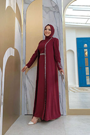 Taş İşleme Detaylı Yelekli Elbise Takım 3838 Bordo