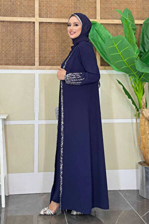 Taş İşleme Detaylı Yelekli Elbise Takım 3838 Lacivert