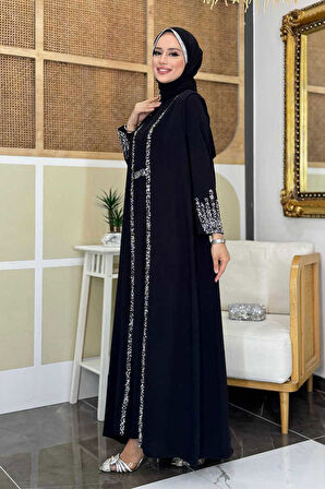 Taş İşleme Detaylı Yelekli Elbise Takım 3838 Siyah