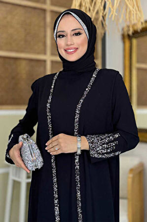 Taş İşleme Detaylı Yelekli Elbise Takım 3838 Siyah