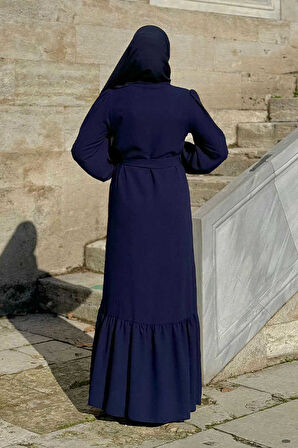 Boydan Düğmeli Omuz Taş İşleme Detaylı Ferace Elbise 3840 Lacivert