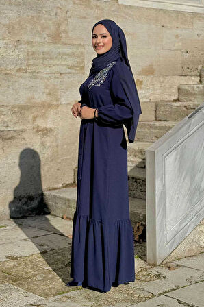 Boydan Düğmeli Omuz Taş İşleme Detaylı Ferace Elbise 3840 Lacivert