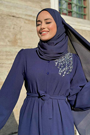 Boydan Düğmeli Omuz Taş İşleme Detaylı Ferace Elbise 3840 Lacivert