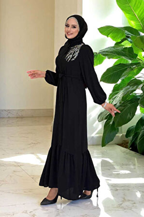 Boydan Düğmeli Omuz Taş İşleme Detaylı Ferace Elbise 3840 Siyah