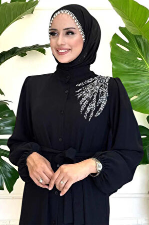 Boydan Düğmeli Omuz Taş İşleme Detaylı Ferace Elbise 3840 Siyah