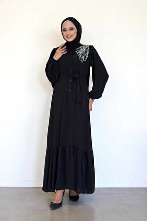 Boydan Düğmeli Omuz Taş İşleme Detaylı Ferace Elbise 3840 Siyah