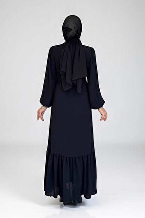 Boydan Düğmeli Omuz Taş İşleme Detaylı Ferace Elbise 3840 Siyah
