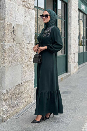 Boydan Düğmeli Omuz Taş İşleme Detaylı Ferace Elbise 3840 Zümrüt
