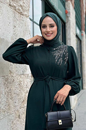 Boydan Düğmeli Omuz Taş İşleme Detaylı Ferace Elbise 3840 Zümrüt