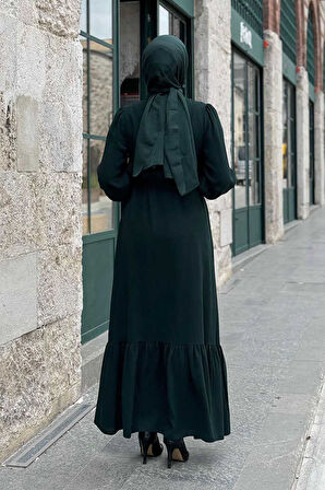 Boydan Düğmeli Omuz Taş İşleme Detaylı Ferace Elbise 3840 Zümrüt