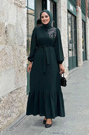 Boydan Düğmeli Omuz Taş İşleme Detaylı Ferace Elbise 3840 Zümrüt