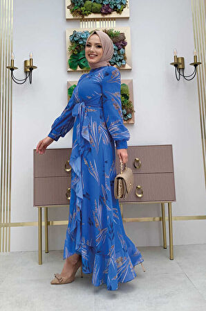 Yaprak Desen Fırfır Detay Şifon Elbise 3842 Mavi