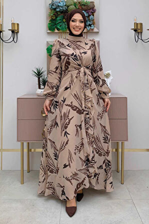 Yaprak Desen Fırfır Detay Şifon Elbise 3842 Taş