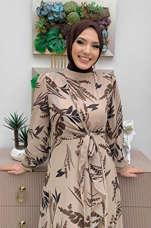 Yaprak Desen Fırfır Detay Şifon Elbise 3842 Taş
