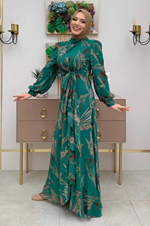 Yaprak Desen Fırfır Detay Şifon Elbise 3842 Zümrüt