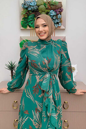 Yaprak Desen Fırfır Detay Şifon Elbise 3842 Zümrüt