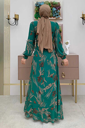 Yaprak Desen Fırfır Detay Şifon Elbise 3842 Zümrüt