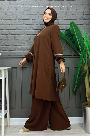 Taş İşleme Detaylı Pantolonlu Tunik Takım 8464 Kahverengi