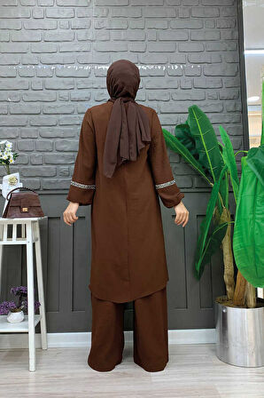 Taş İşleme Detaylı Pantolonlu Tunik Takım 8464 Kahverengi