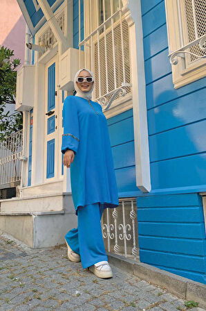 Taş İşleme Detaylı Pantolonlu Tunik Takım 8464 Mavi