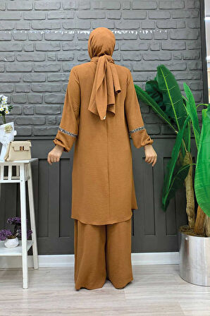 Taş İşleme Detaylı Pantolonlu Tunik Takım 8464 Taba