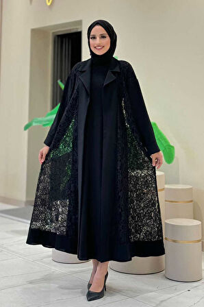 Yakalı Dantel Güpür Detay Abaya 7830 Siyah