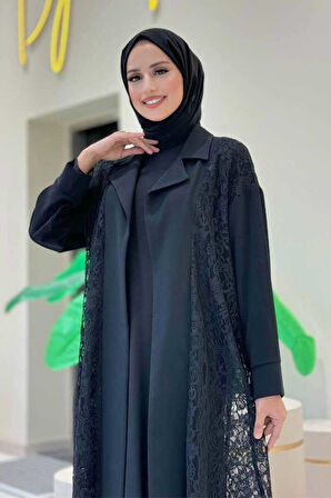 Yakalı Dantel Güpür Detay Abaya 7830 Siyah