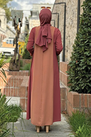 İki Renkli Taş Baskılı Elbise 3848 Gül Kurusu