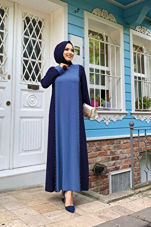 İki Renkli Taş Baskılı Elbise 3848 Lacivert