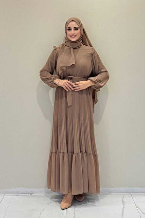 Piliseli Fırfır Görünümlü Bel Kuşaklı Şifon Elbise 3628 Vizon