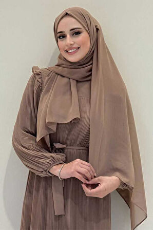 Piliseli Fırfır Görünümlü Bel Kuşaklı Şifon Elbise 3628 Vizon