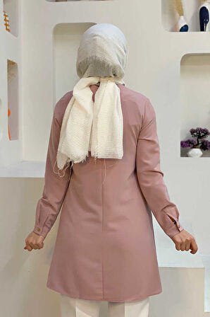 Kol Manşetleri Düğmeli Bisiklet Yaka Uzun Tunik 2649 Pudra