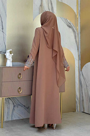 Büyük Beden Taş İşleme Detaylı Yelekli Elbise Takım 3838-1 Vizon