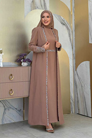 Büyük Beden Taş İşleme Detaylı Yelekli Elbise Takım 3838-1 Vizon