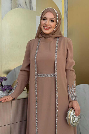 Büyük Beden Taş İşleme Detaylı Yelekli Elbise Takım 3838-1 Vizon