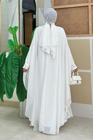 Pul Payet İşlemeli Şifon Pelerinli Elbiseli Abiye Takım 3774 Ekru