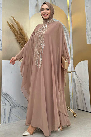 Pul Payet İşlemeli Şifon Pelerinli Elbiseli Abiye Takım 3774 Vizon