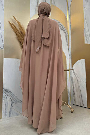 Pul Payet İşlemeli Şifon Pelerinli Elbiseli Abiye Takım 3774 Vizon