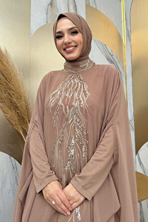 Pul Payet İşlemeli Şifon Pelerinli Elbiseli Abiye Takım 3774 Vizon