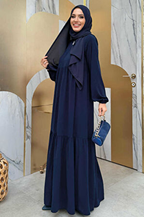 Fermuarlı Kol Manşetleri Lastikli Fırfırlı Elbise 6001 Lacivert