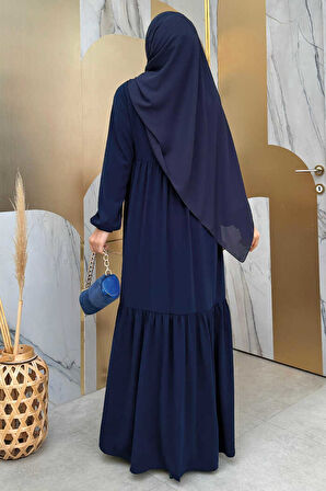 Fermuarlı Kol Manşetleri Lastikli Fırfırlı Elbise 6001 Lacivert