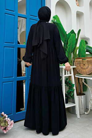 Fermuarlı Kol Manşetleri Lastikli Fırfırlı Elbise 6001 Siyah