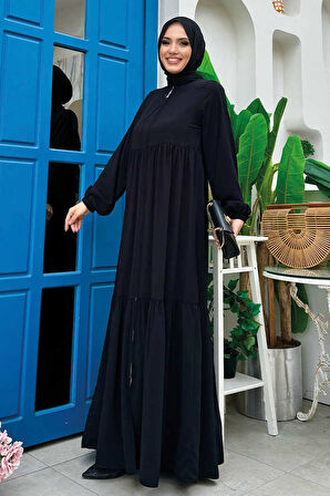 Fermuarlı Kol Manşetleri Lastikli Fırfırlı Elbise 6001 Siyah