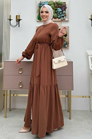 Fermuarlı Kol Manşetleri Lastikli Fırfırlı Elbise 6001 Taba